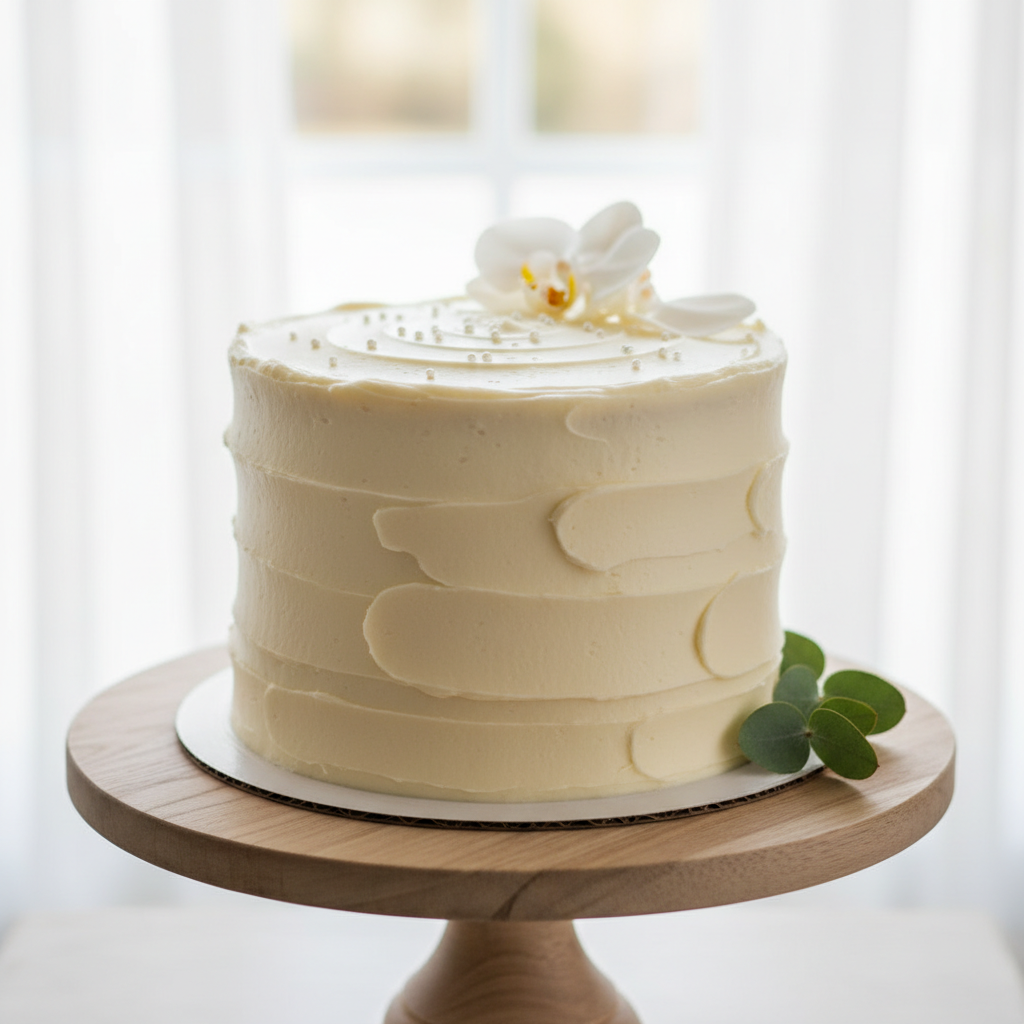 A freshly baked vanilla cake with white frosting sitting on a wooden cake stand with light surrounding it.