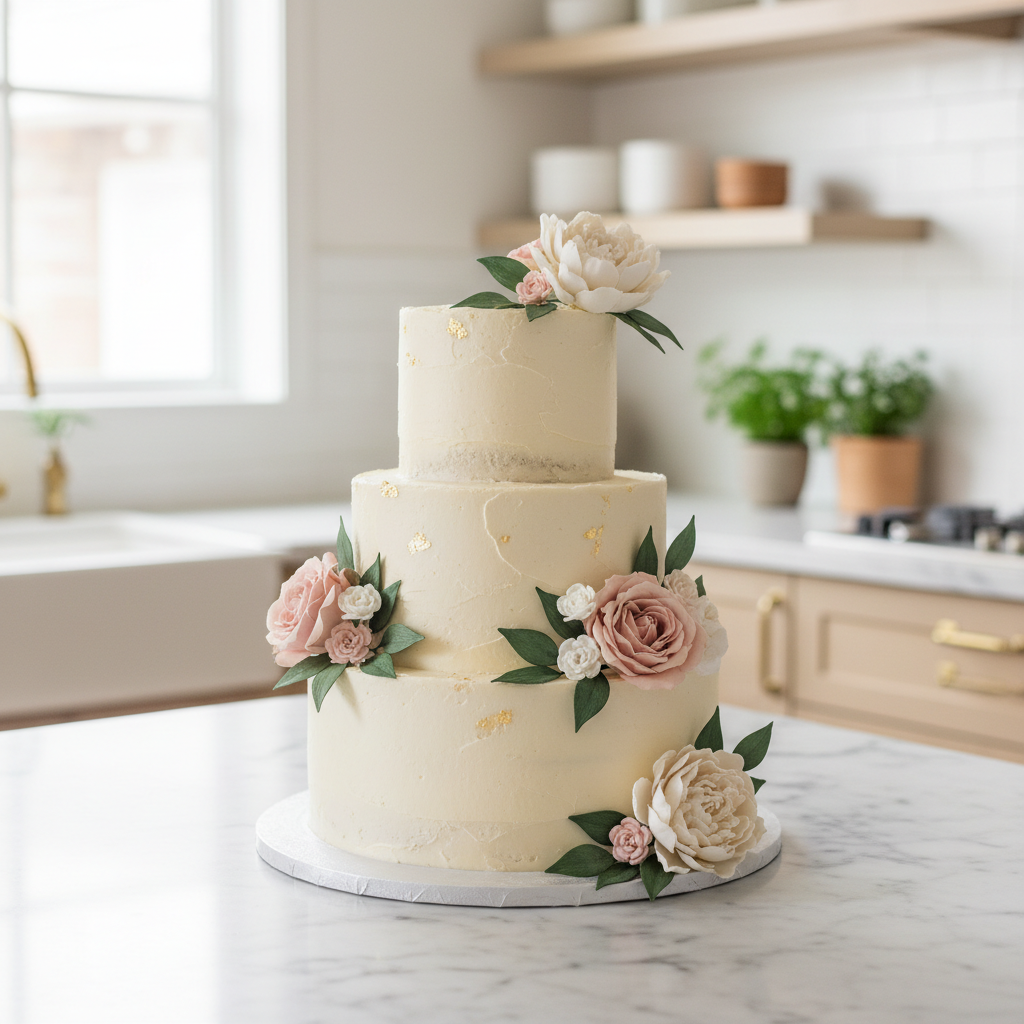 A beautifully decorated tiered cake sitting on a wooden table in a well-lit room in Lagos.