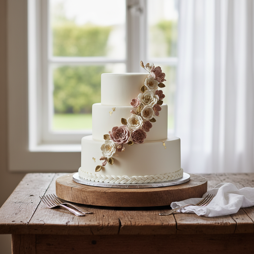 A beautifully decorated two-tier anniversary cake sitting on a wooden table in a well-lit room.