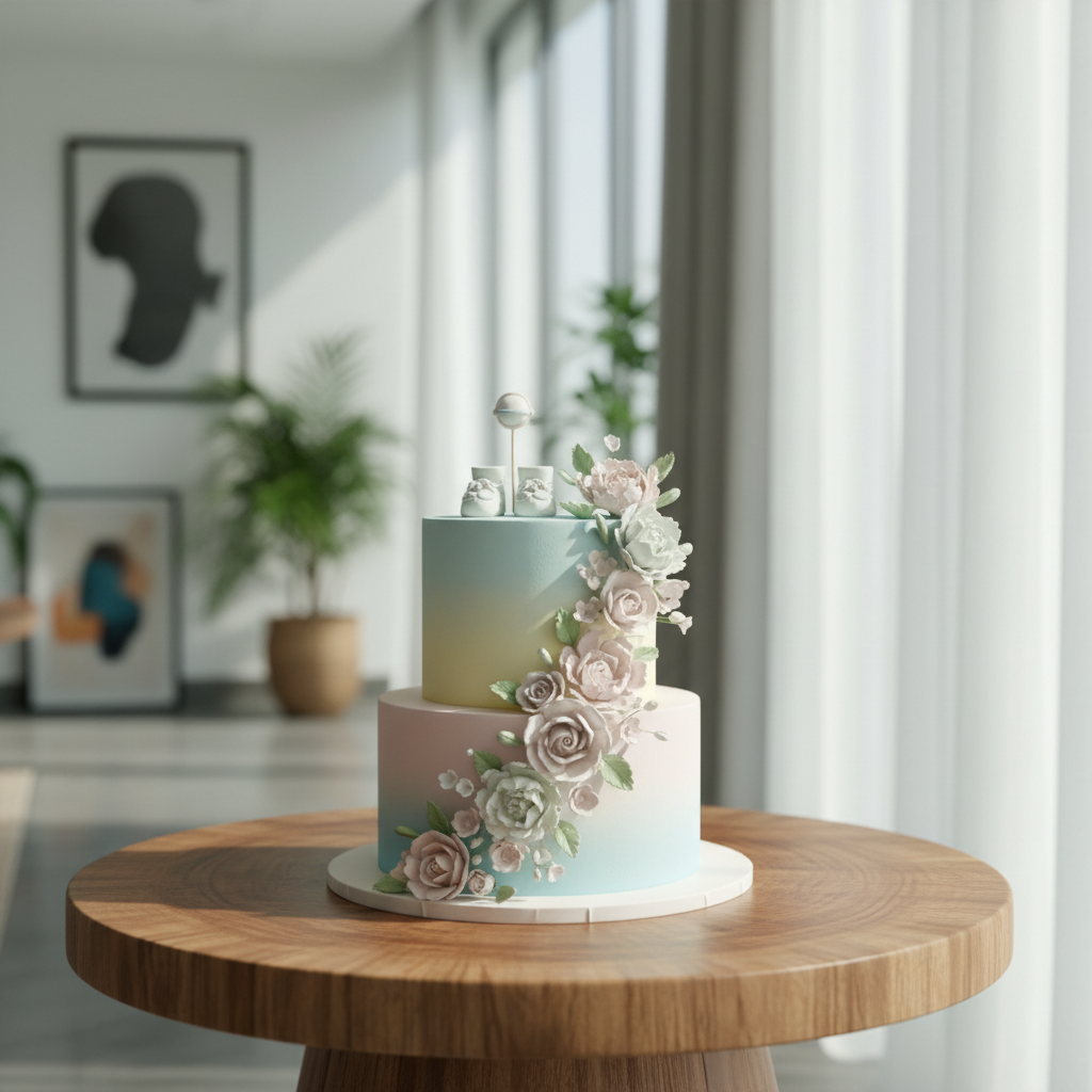 A beautifully decorated two-tier baby shower cake with soft pastel decorations placed on a wooden table.