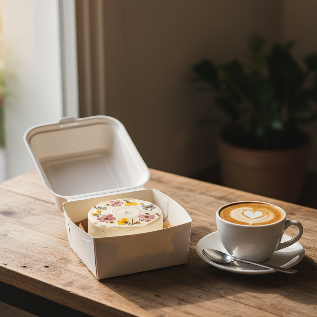 A beautifully decorated bento cake sitting in a white box on a table next to a coffee cup.