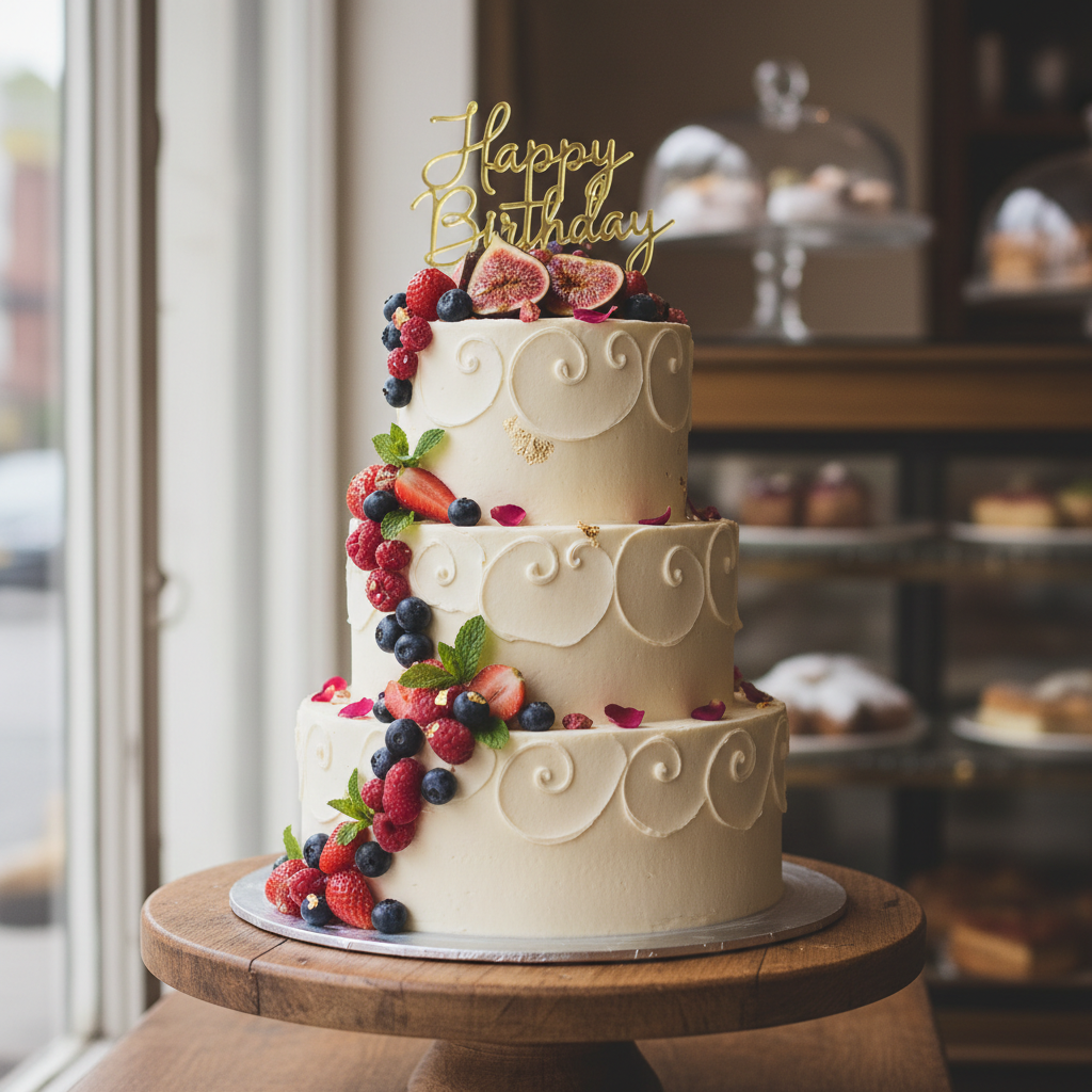 A beautifully decorated tiered birthday cake on a wooden table.