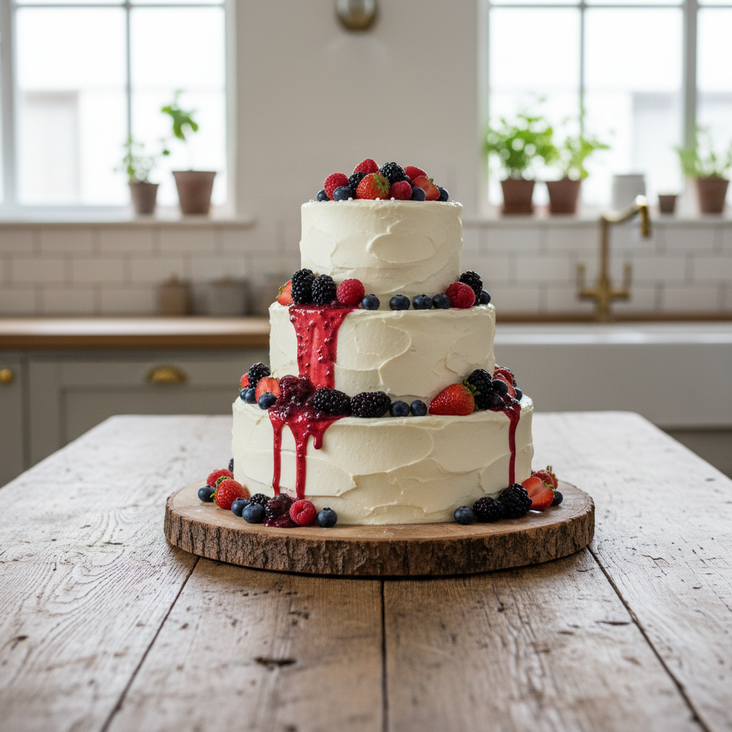 A beautifully decorated birthday cake sitting on a wooden table in a well-lit kitchen.