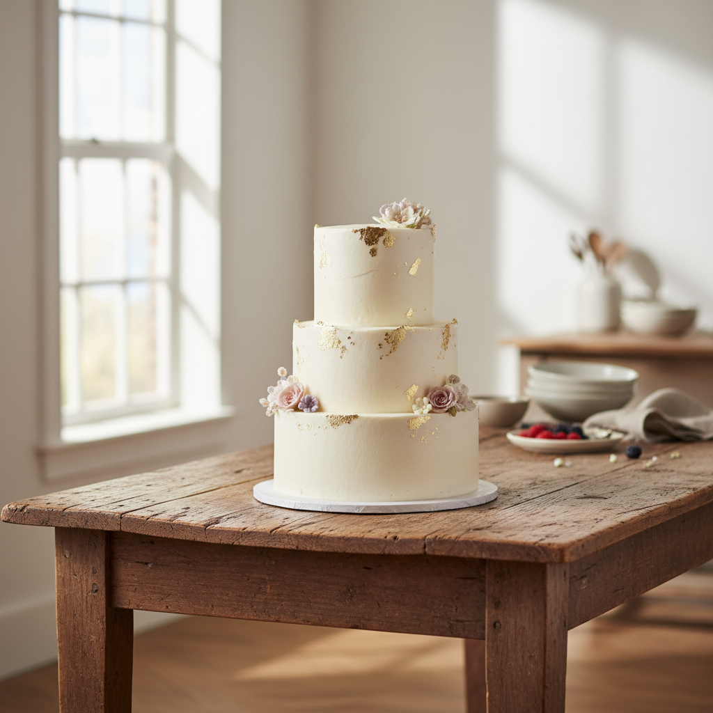 A beautifully decorated vanilla sponge cake with fresh buttercream frosting and decorative floral accents on a wooden table.