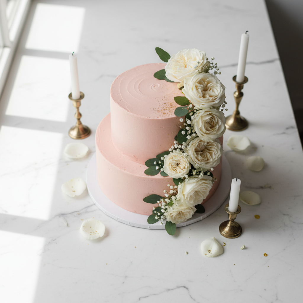 A beautifully decorated sponge cake with smooth frosting on a white table.