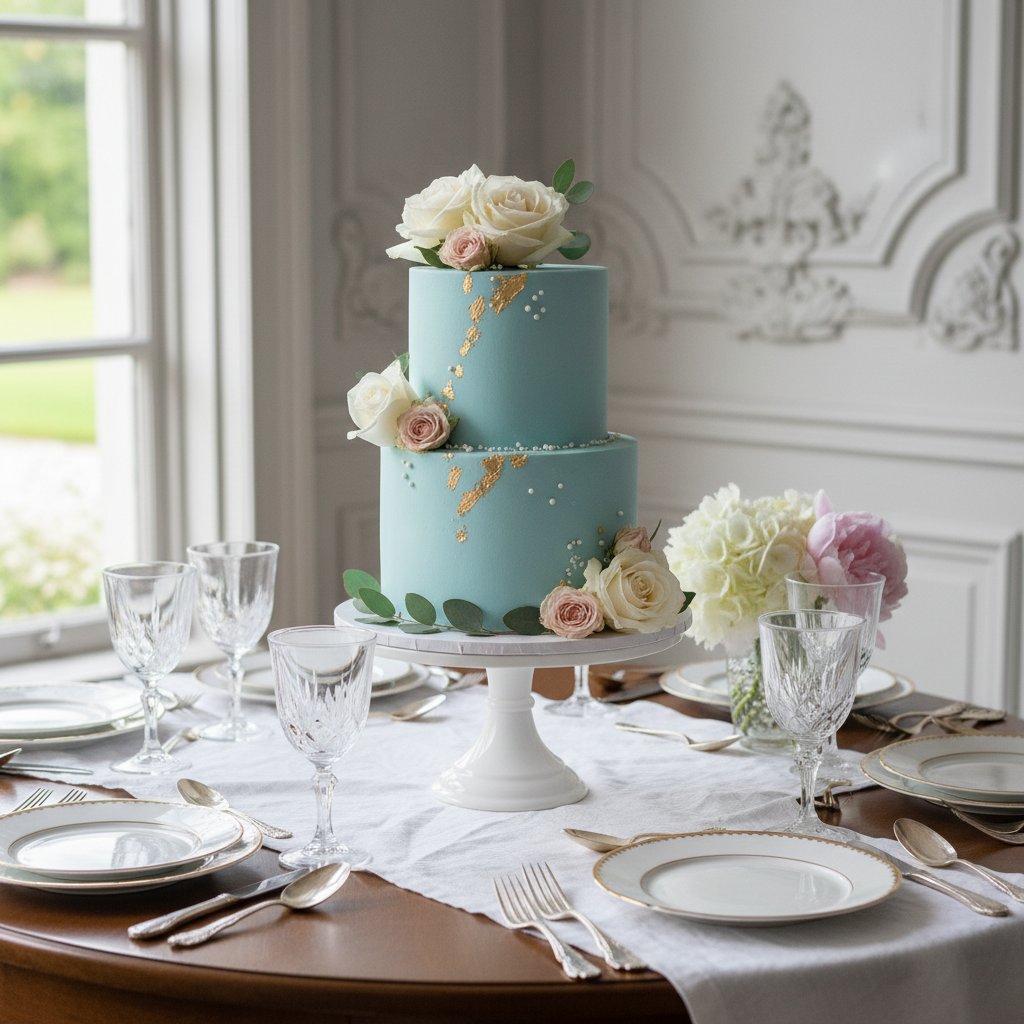 A beautiful multi tiered cake with soft pastel frosting sitting on a wooden table.