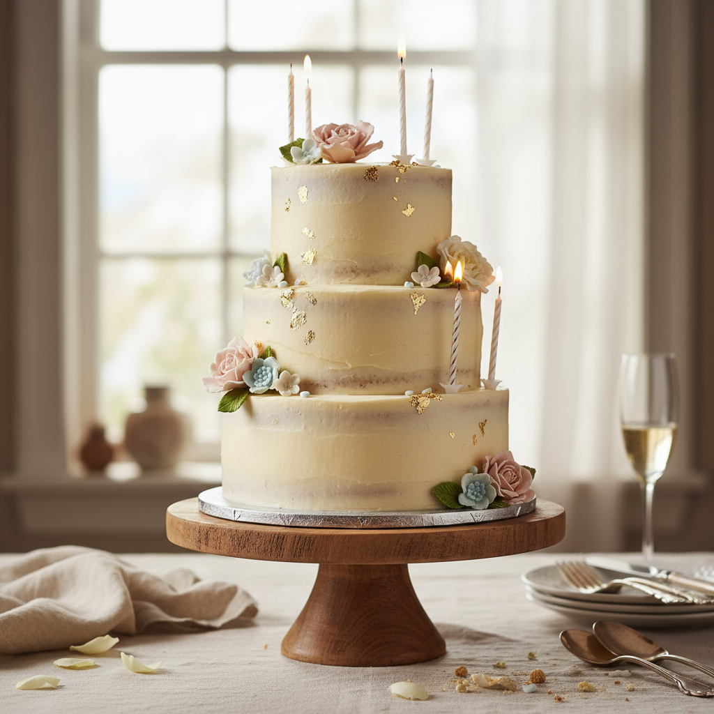 An elegant multi-tiered birthday cake with soft floral decorations and candles on a wooden table.