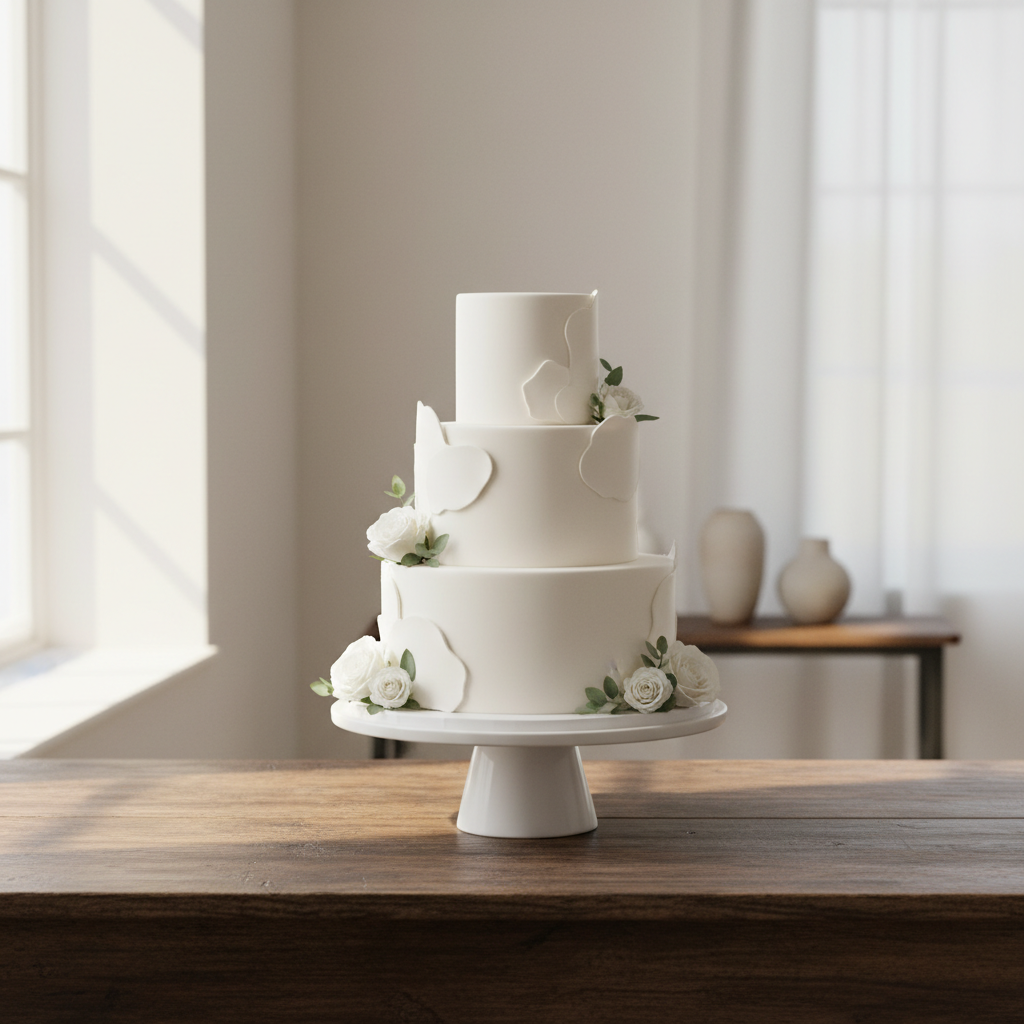 An elegant white tiered cake with minimal floral decorations sitting on a wooden table in a sunlit room.