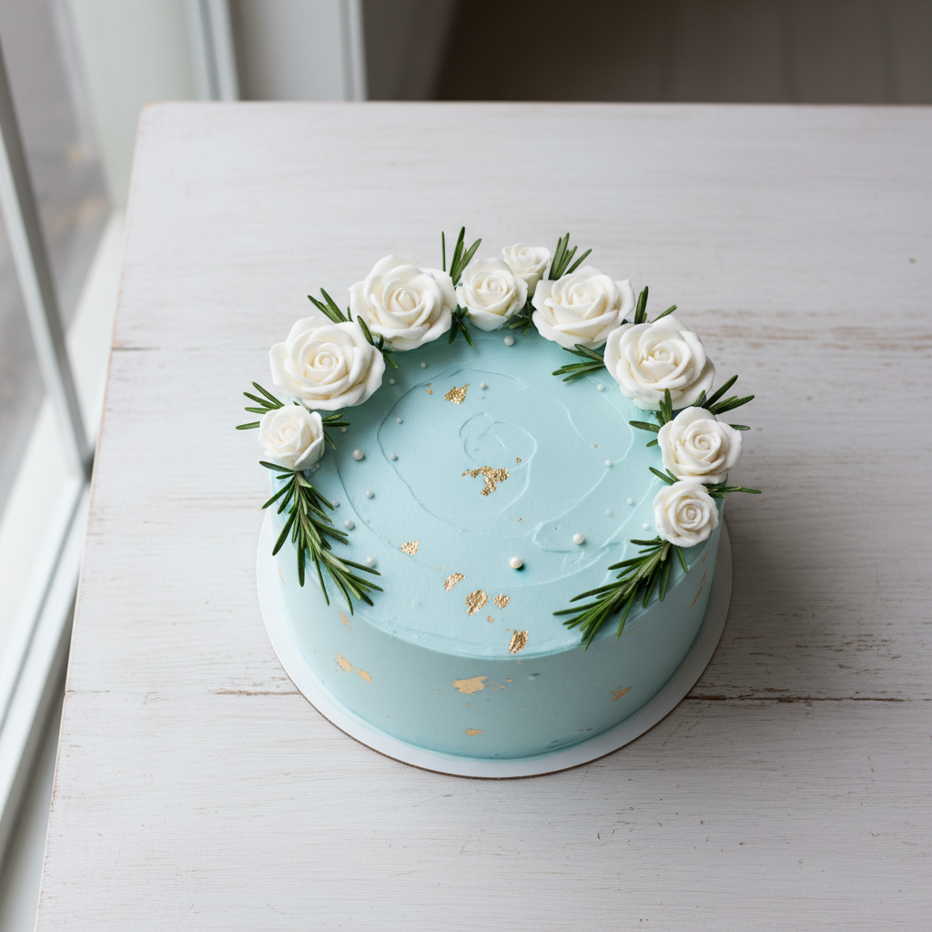 A beautiful layered birthday cake displayed on a simple wooden table with natural lighting.