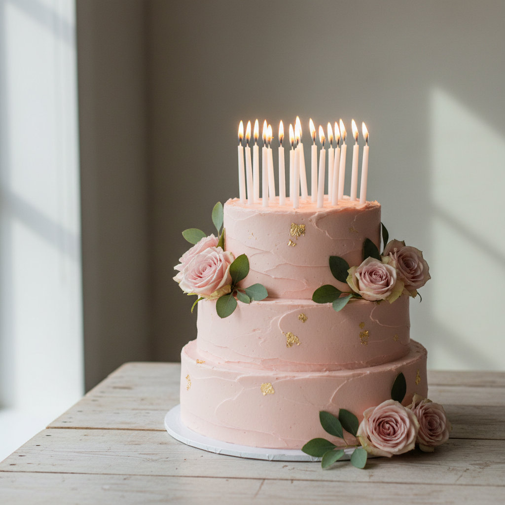 A freshly baked birthday cake sitting on a wooden table.