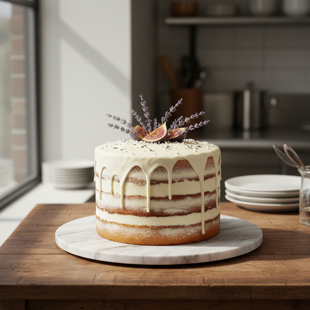 A beautifully decorated round festive cake sitting on a wooden stand in a bright bakery kitchen.