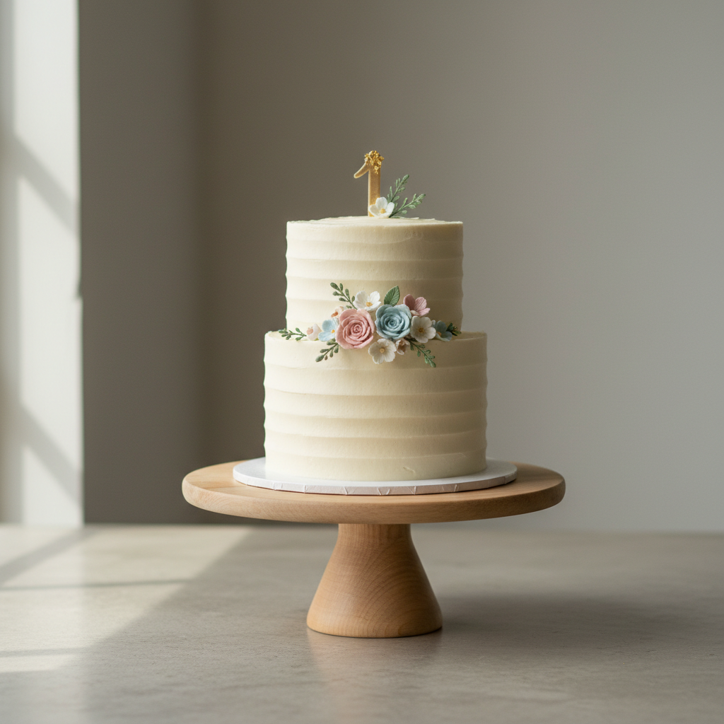 A small, minimalist one-year-old birthday cake with a single candle sitting on a wooden cake stand.