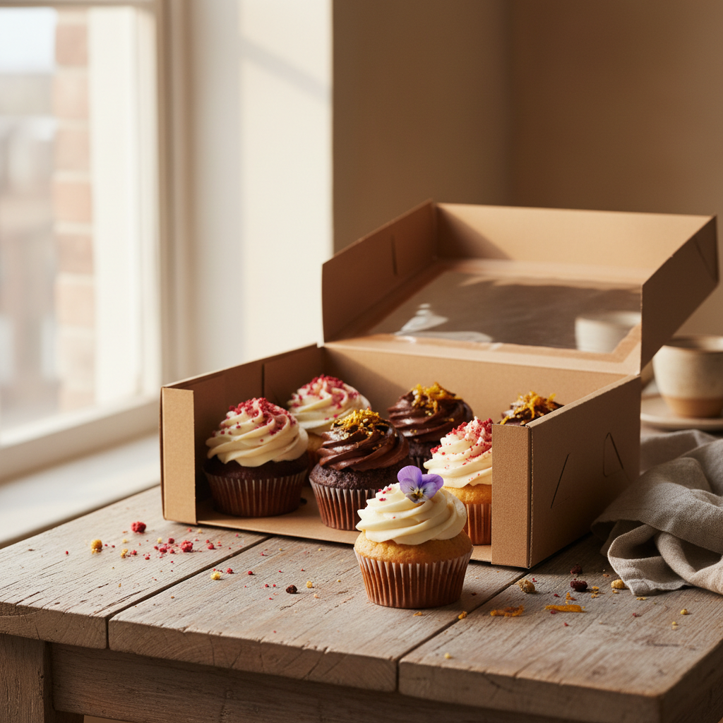A neatly arranged box of assorted premium cupcakes showing vanilla and chocolate flavours.
