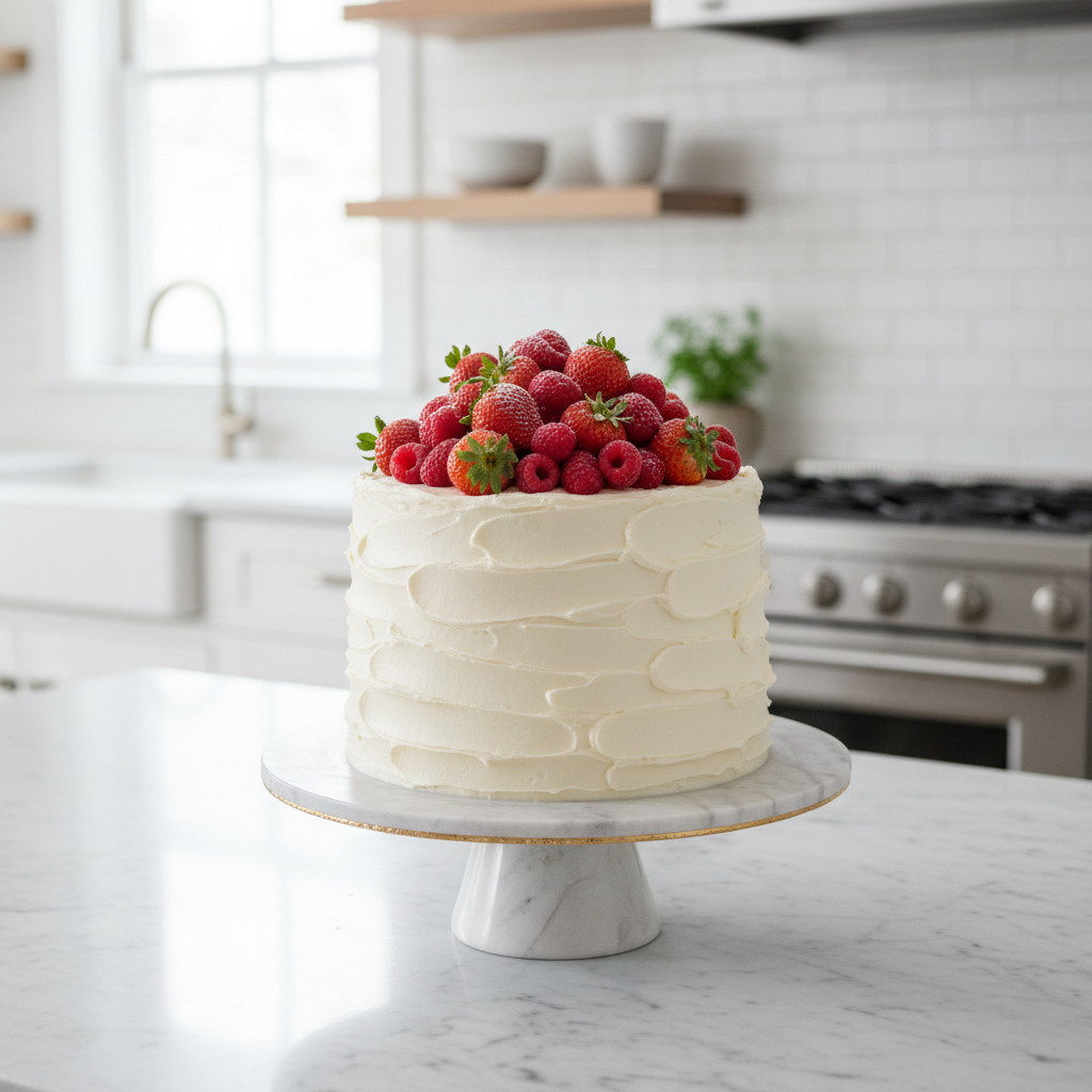 A beautifully decorated cake with fresh berries and rustic frosting.