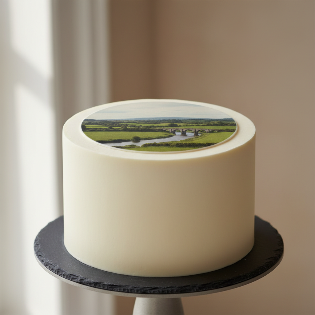 A close up shot of a smooth round cake topped with a high resolution edible photo of a sunset.