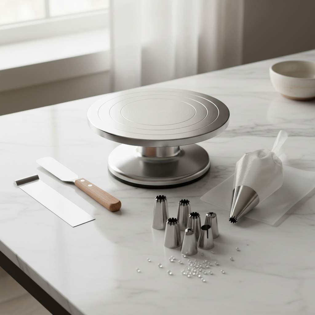 A collection of professional cake decorating tools including spatulas, piping tips, and a silver turntable on a clean kitchen counter.