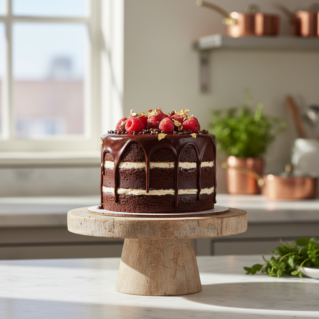 A beautiful gluten free chocolate cake displayed on a wooden stand in a bright, modern kitchen setting.