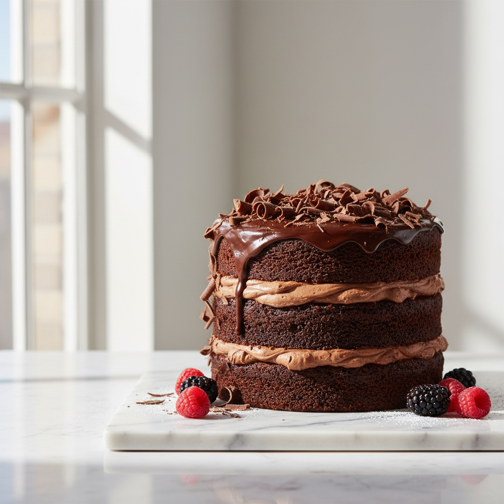 A decadent three-tier chocolate celebration cake on a clean marble surface.
