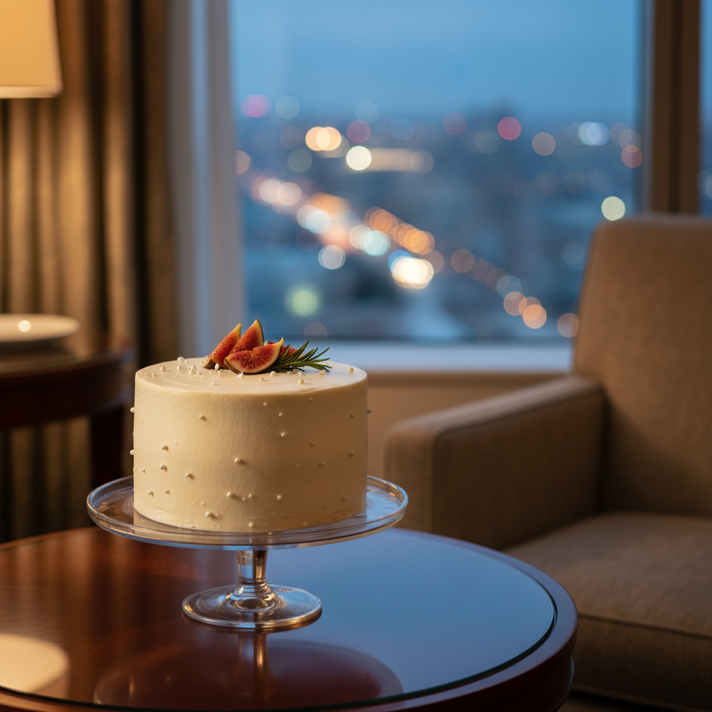 A small, elegant celebration cake sitting on a clean glass table in a luxury hotel room near the window.
