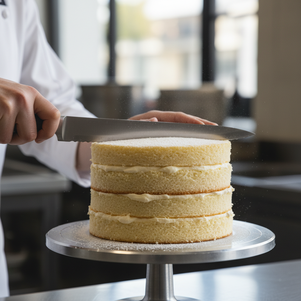 A tall professional layer cake being levelled with a serrated knife on a turntable.