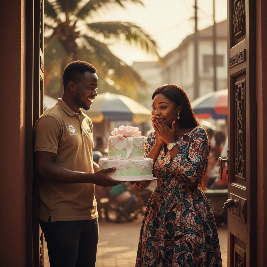 A beautifully decorated birthday cake being delivered to a happy recipient in a Lagos apartment.