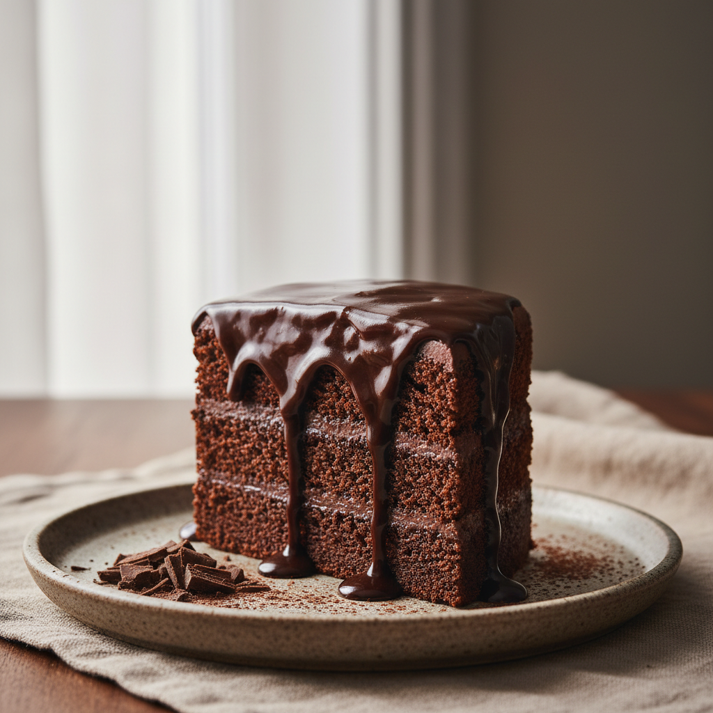 A rich, moist chocolate cake with dark frosting on a wooden table.