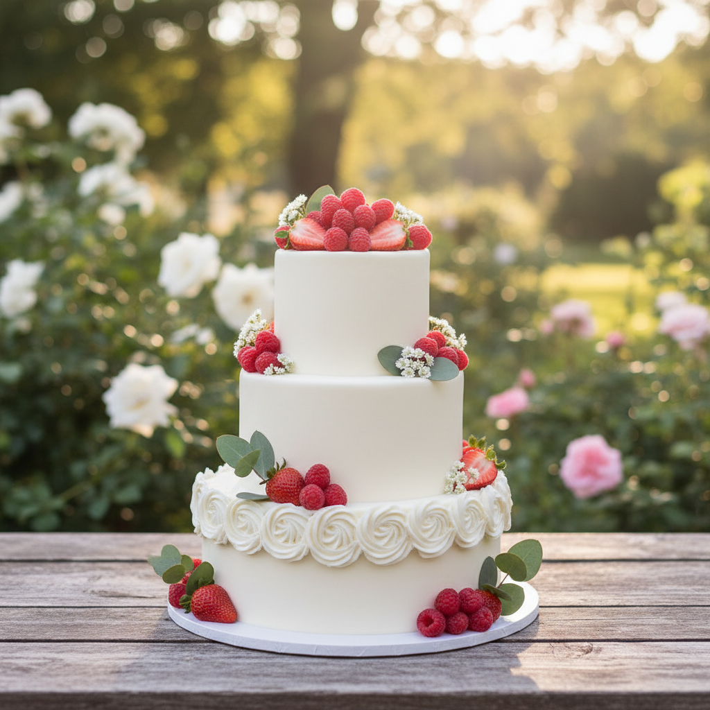 A beautiful white tiered wedding cake decorated with fresh summer berries and flowers outdoors.