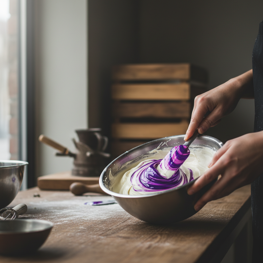A close up of vibrant pink and blue buttercream being mixed in a bowl with a spatula.