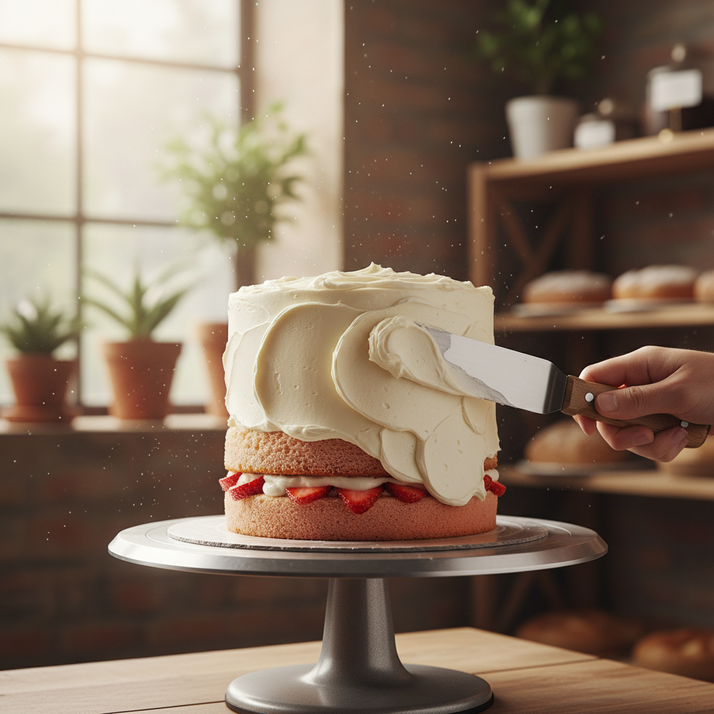 Professional baker applying buttercream to a layer cake on a turntable.
