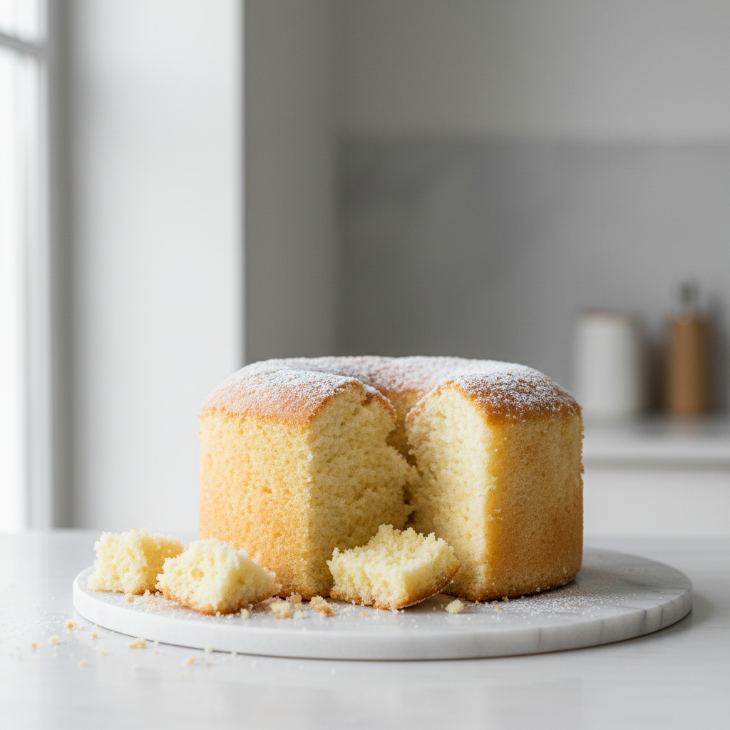 A light and airy vanilla sponge cake sliced on a white plate.