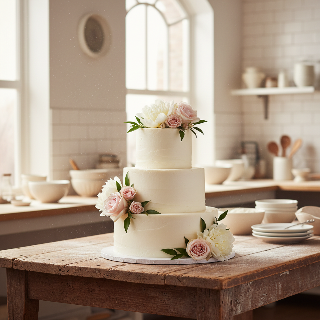 A multi-tiered frosted cake sitting on a wooden table in a sunlit room.