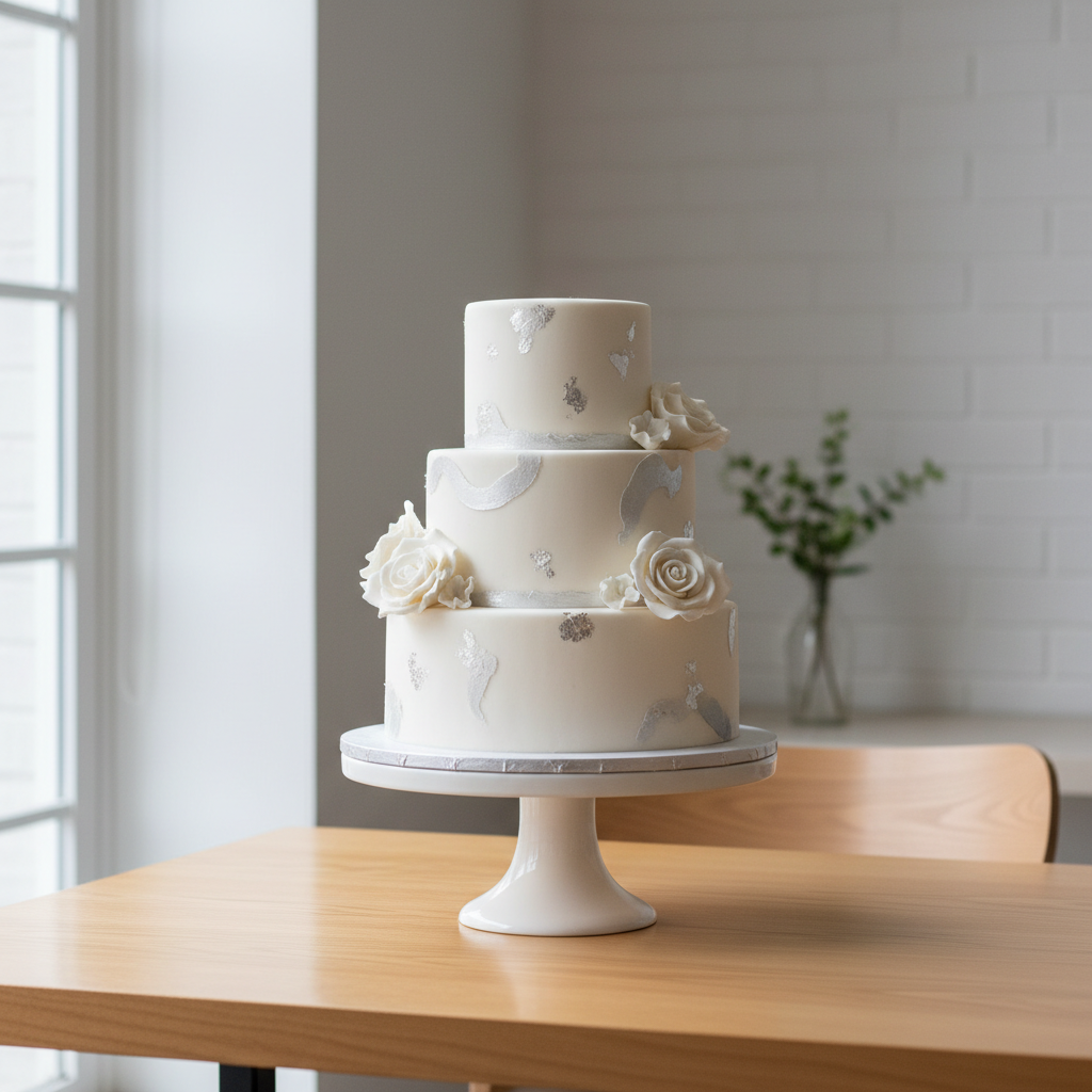A beautifully decorated tiered cake sitting on a wooden table in a brightly lit kitchen.