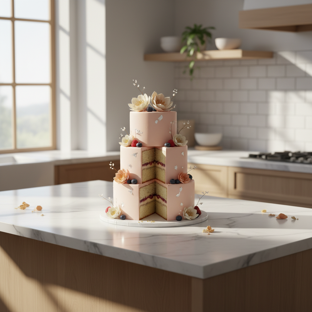 A beautifully decorated layered cake sitting on a wooden table in a brightly lit kitchen.