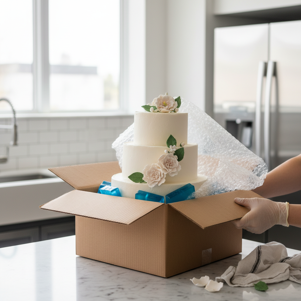 A beautifully packaged cake in a sturdy box with protective layering.