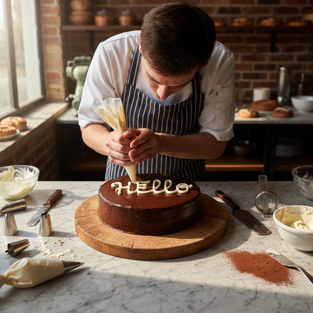 A close up image of a hand piping white icing onto a chocolate cake surface.