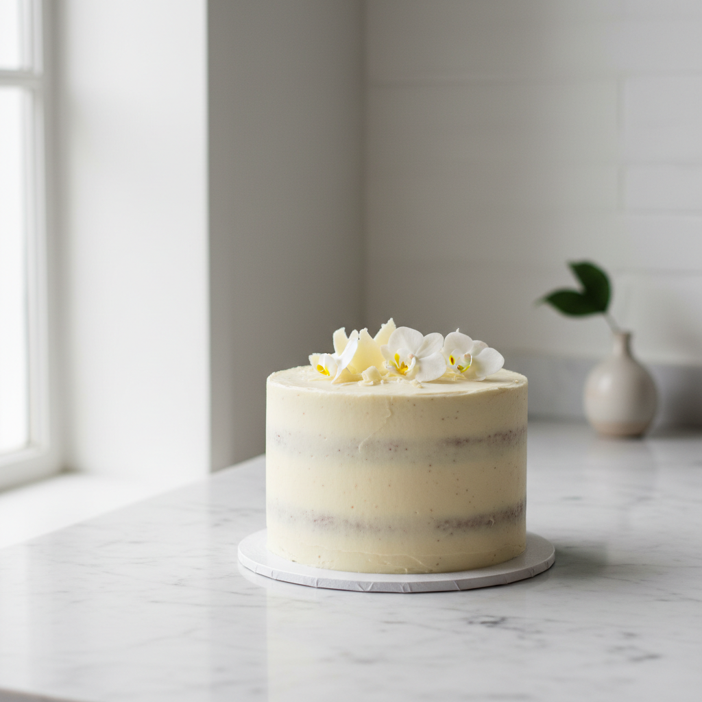 A beautifully decorated cake sitting on a cool marble countertop in a bright kitchen.