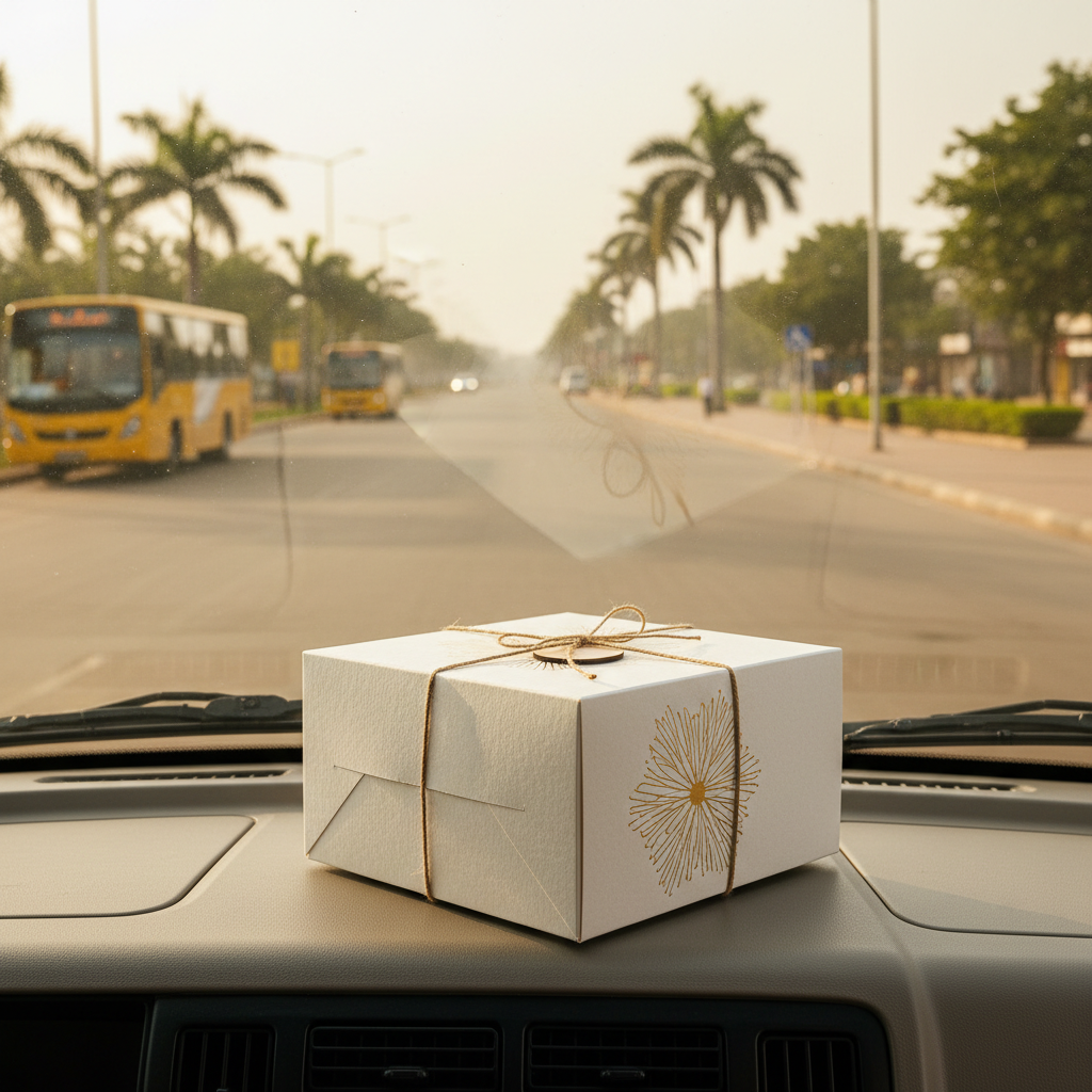 A professional delivery vehicle navigating a busy Lagos street with a cake box visible inside.