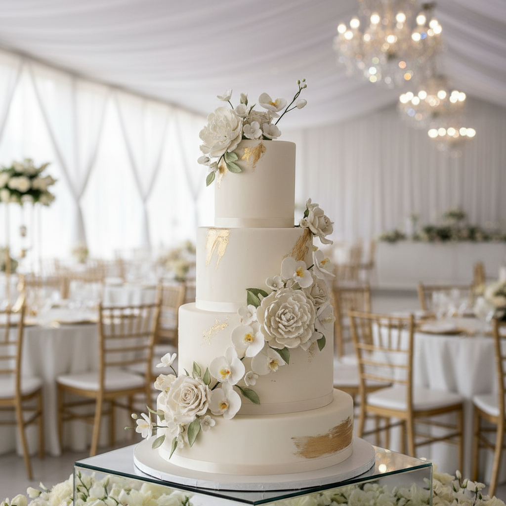 A tall, elegant five-tier white wedding cake with intricate sugar flowers on a gold stand at a Lagos reception.