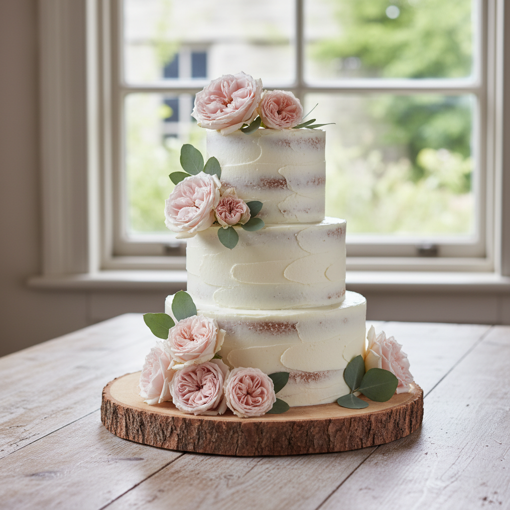 A beautiful semi naked cake decorated with fresh flowers on a wooden stand.