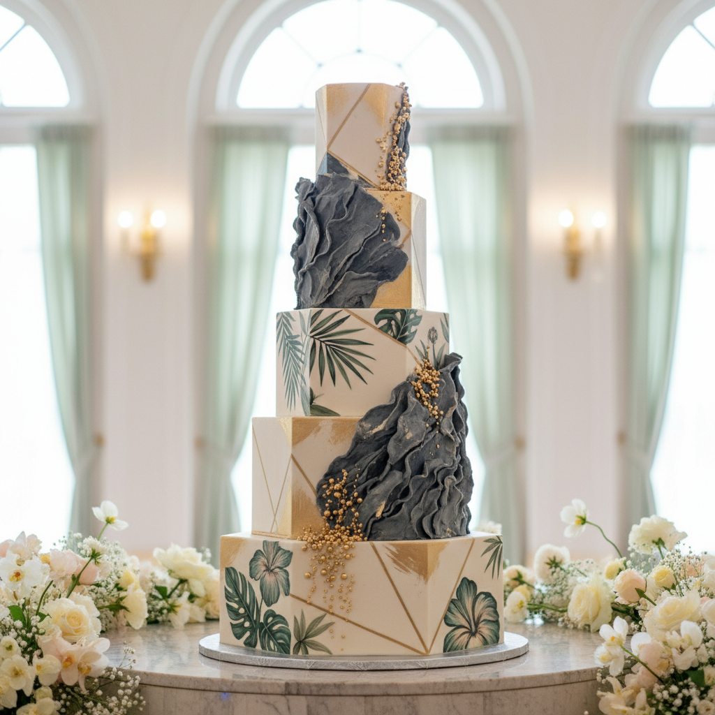 A tall, modern multi-tiered wedding cake with textured white ruffles and gold geometric accents standing in a luxury Lagos reception hall.