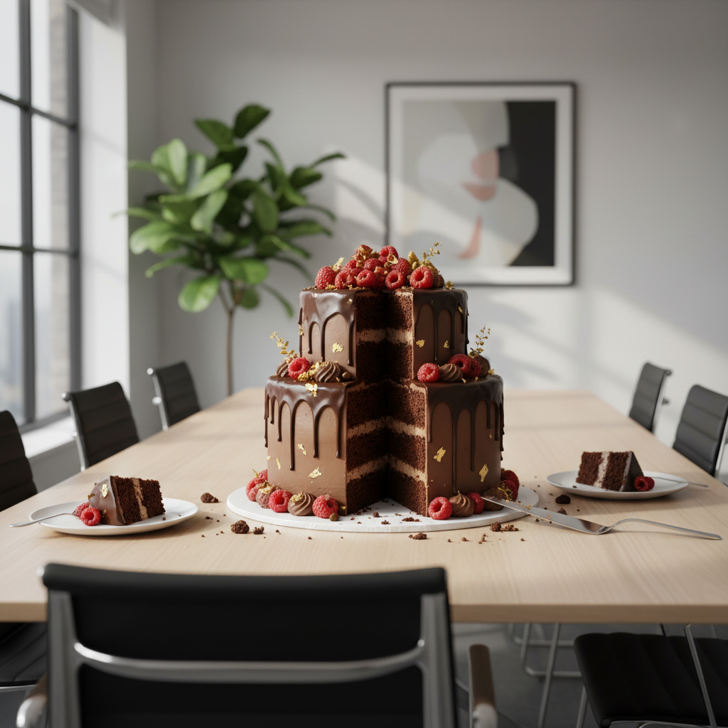 A delicious chocolate cake sitting on a clean wooden table in a sunlit office space.