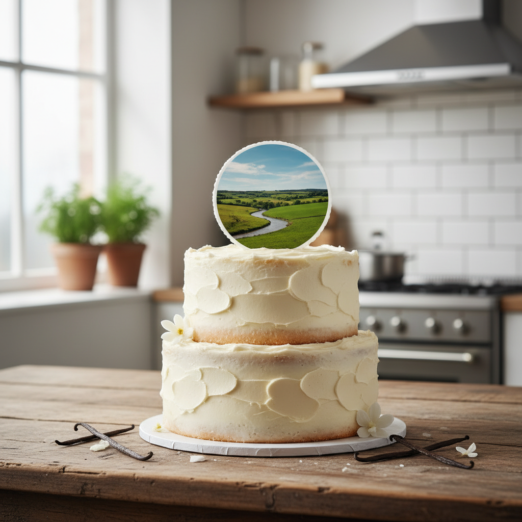 A beautifully decorated square photo cake with a custom image placed on a wooden table.