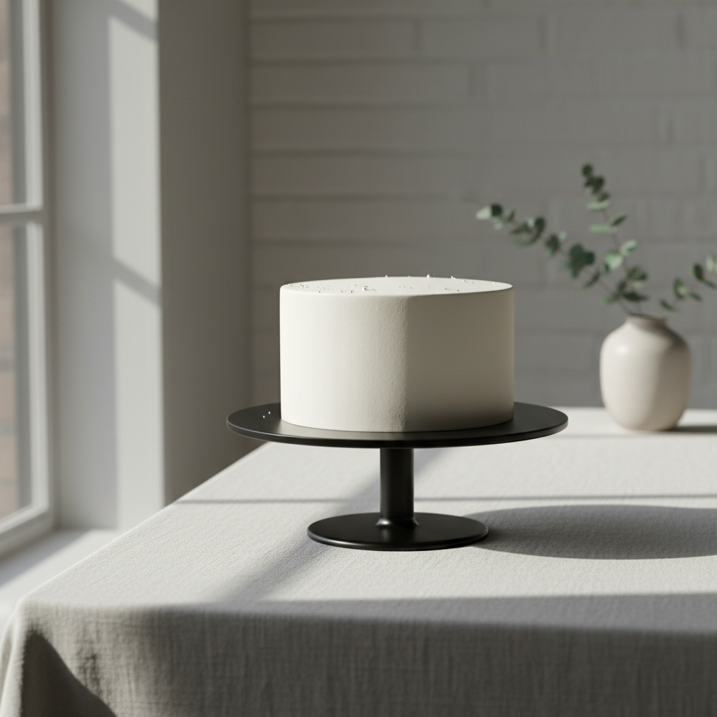 A delicious sponge cake sitting beautifully on a wooden table in a natural light setting.