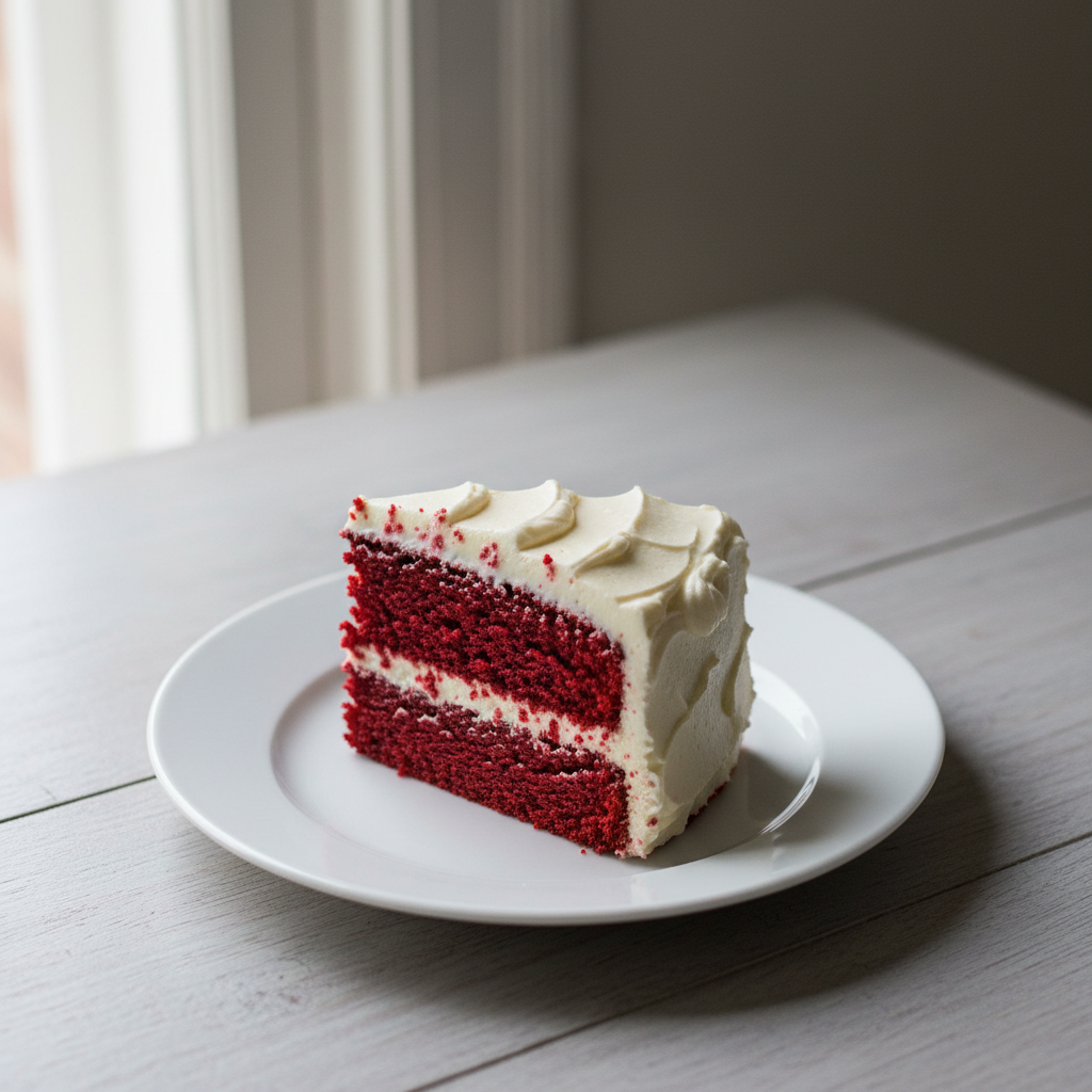 A slice of red velvet cake on a white ceramic plate with a silver fork beside it.