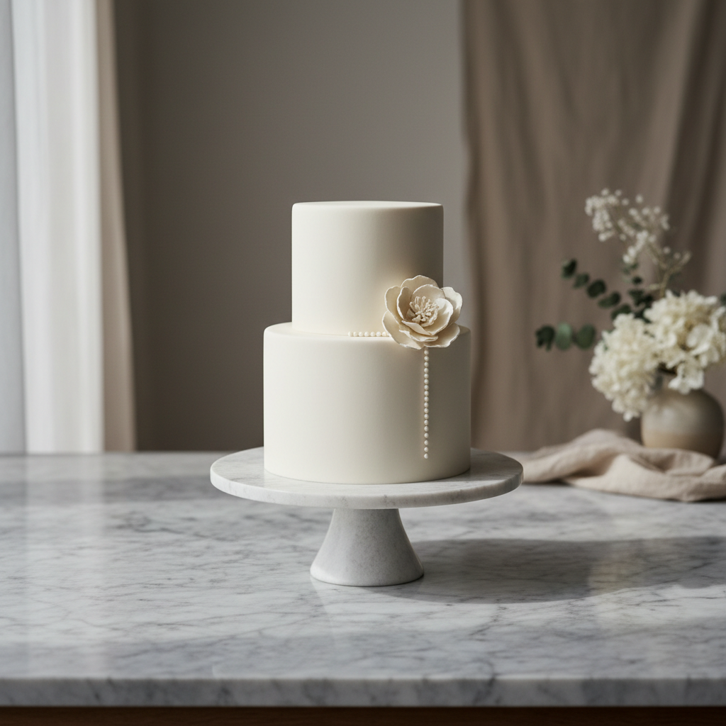 A modern wedding cake decorated with fresh flowers against a soft blurred background.