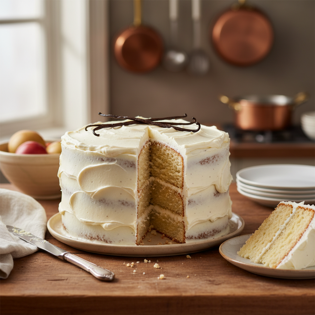 A professional photograph of a beautifully decorated sponge cake set on a rustic wooden table in a well-lit kitchen.