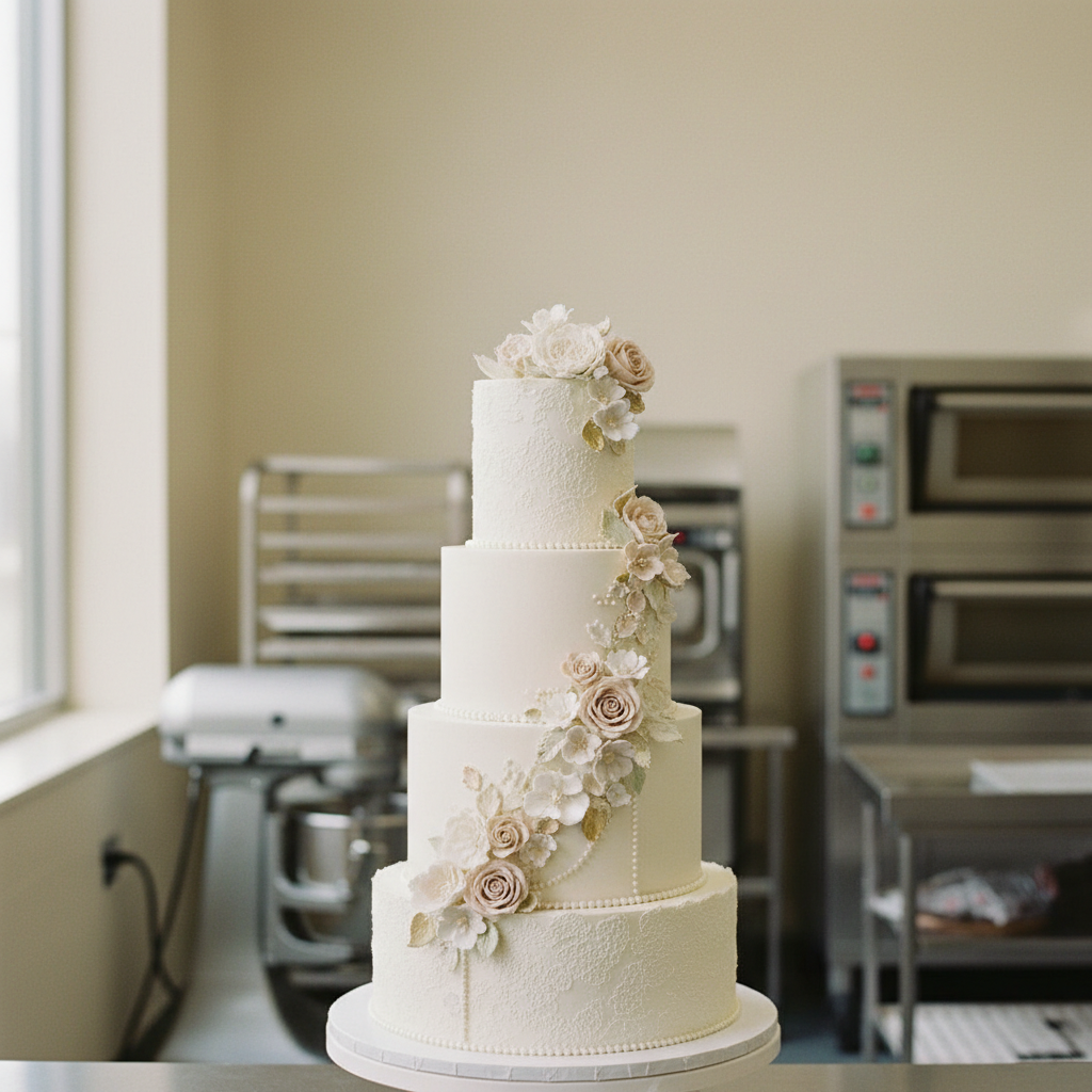 A beautiful three-tiered white wedding cake decorated with gold accents and fresh flowers in a sunlit bakery setting.