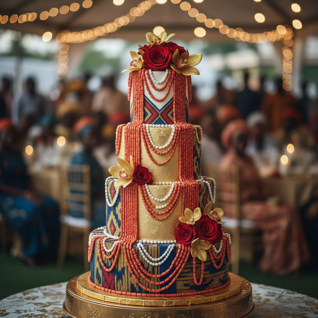 A three-tier wedding cake decorated with edible orange coral beads and gold aso-oke patterns.