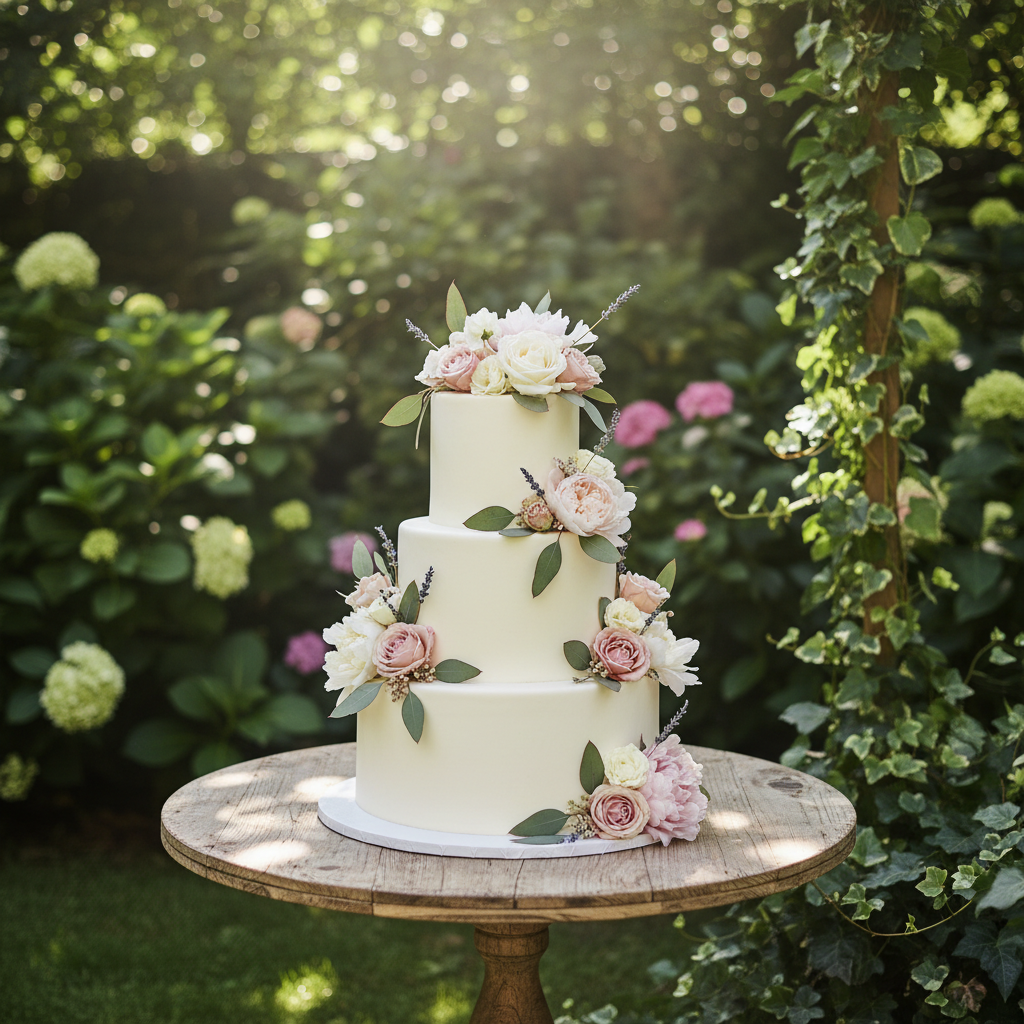 A beautifully decorated multi-tiered wedding cake displayed on a wooden stand in a bright garden setting.