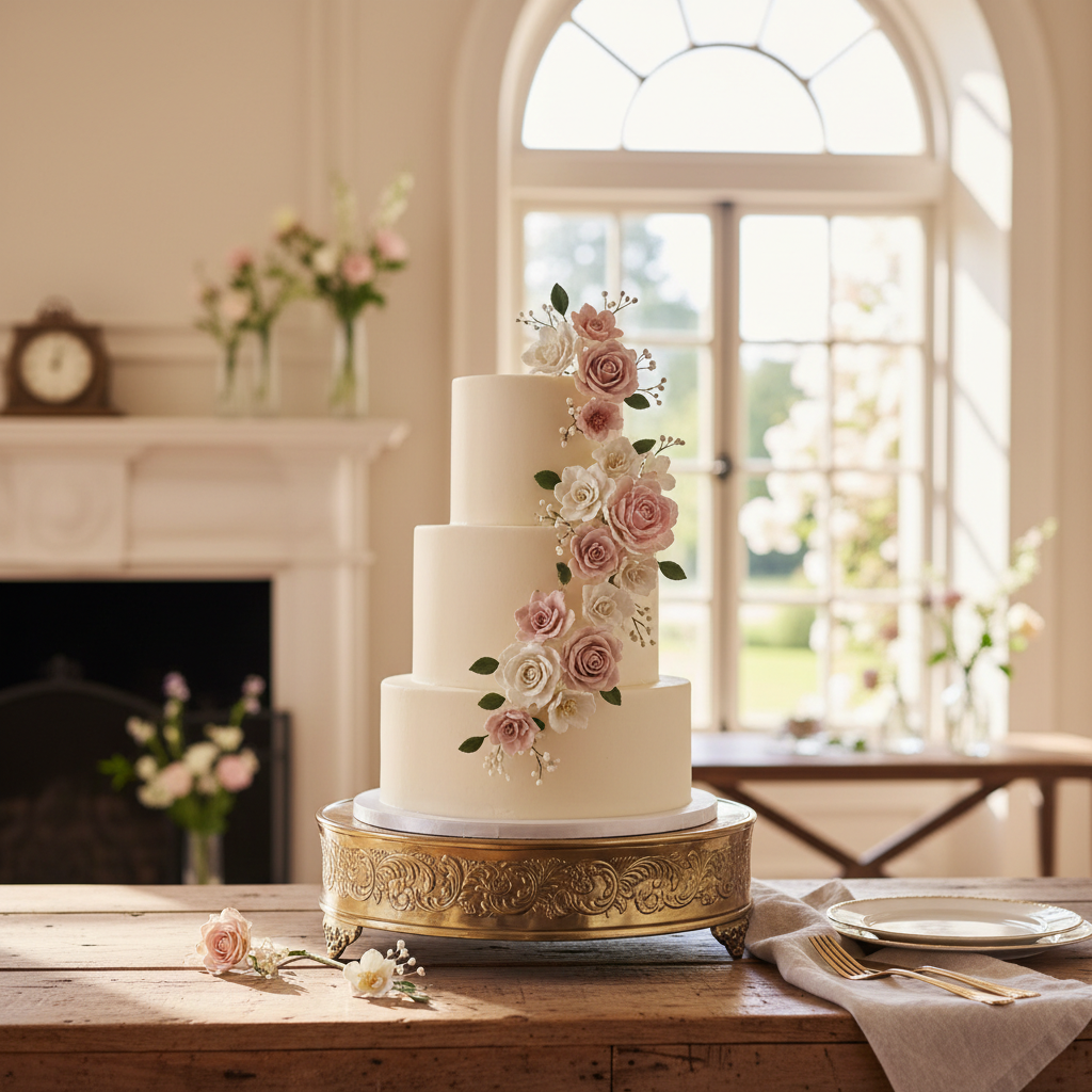 A beautiful three tier white wedding cake with floral decorations on a table in a bright room.